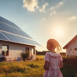 A child standing in front of a house with rooftop solar panels